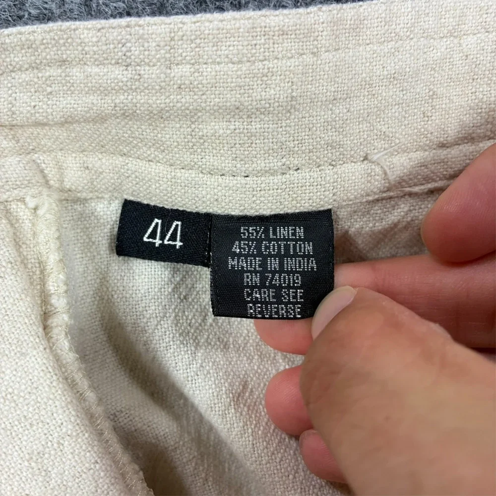 Ossinne Mens Size 44 Linen Cotton Casual Pants Beige Straight Leg High Rise